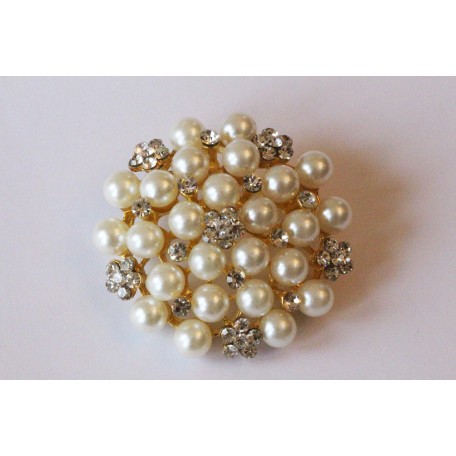 Pearl and Diamante Broach - Gold